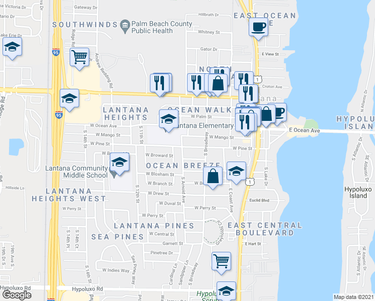 map of restaurants, bars, coffee shops, grocery stores, and more near 710 West Pine Street in Lantana