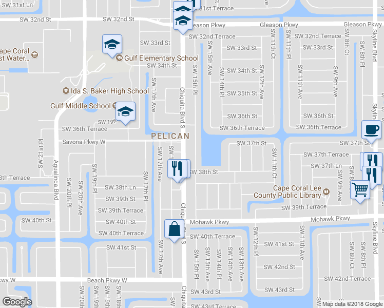 map of restaurants, bars, coffee shops, grocery stores, and more near 3716 Southwest 15th Place in Cape Coral
