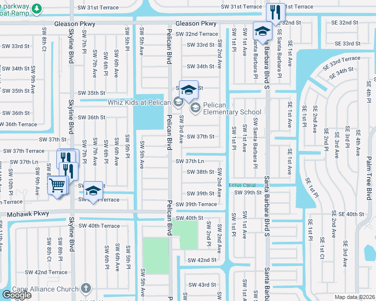 map of restaurants, bars, coffee shops, grocery stores, and more near 250 Southwest 37th Terrace in Cape Coral