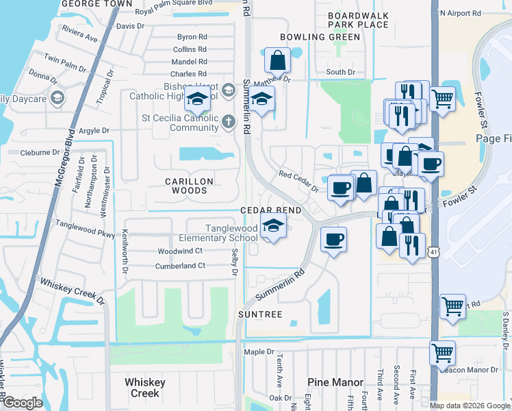 map of restaurants, bars, coffee shops, grocery stores, and more near 5204 Cedarbend Drive in Fort Myers