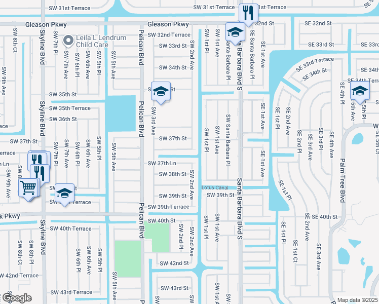map of restaurants, bars, coffee shops, grocery stores, and more near 202 Southwest 37th Terrace in Cape Coral