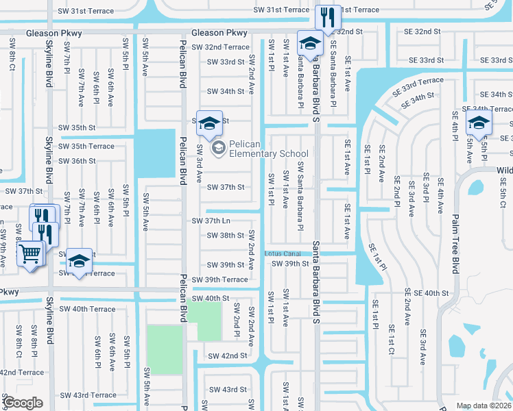 map of restaurants, bars, coffee shops, grocery stores, and more near 202 Southwest 37th Terrace in Cape Coral
