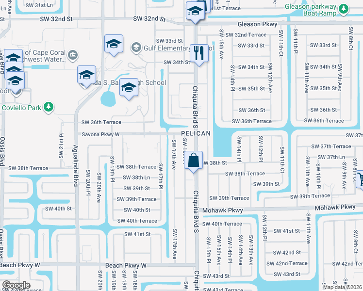 map of restaurants, bars, coffee shops, grocery stores, and more near 3712 Southwest 16th Place in Cape Coral