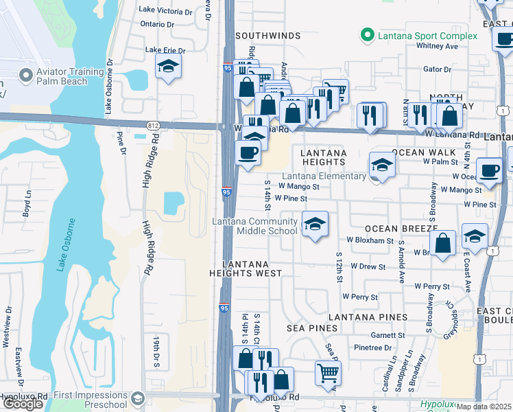 map of restaurants, bars, coffee shops, grocery stores, and more near 1402 West Pine Street in Lantana
