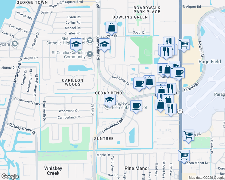 map of restaurants, bars, coffee shops, grocery stores, and more near 5211 Cedarbend Drive in Fort Myers