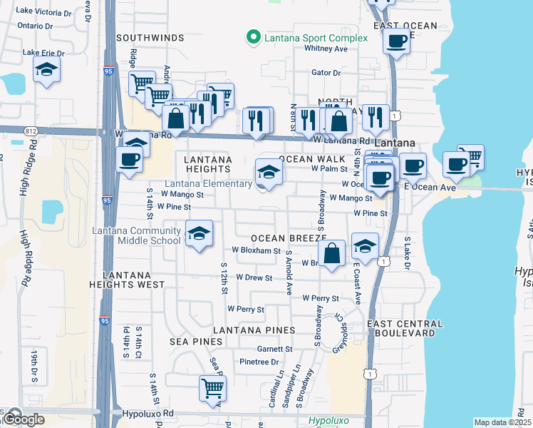 map of restaurants, bars, coffee shops, grocery stores, and more near 910 West Pine Street in Lantana
