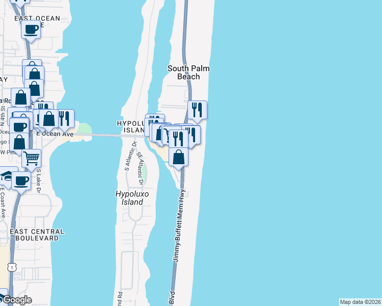 map of restaurants, bars, coffee shops, grocery stores, and more near 270 South Ocean Boulevard in Manalapan