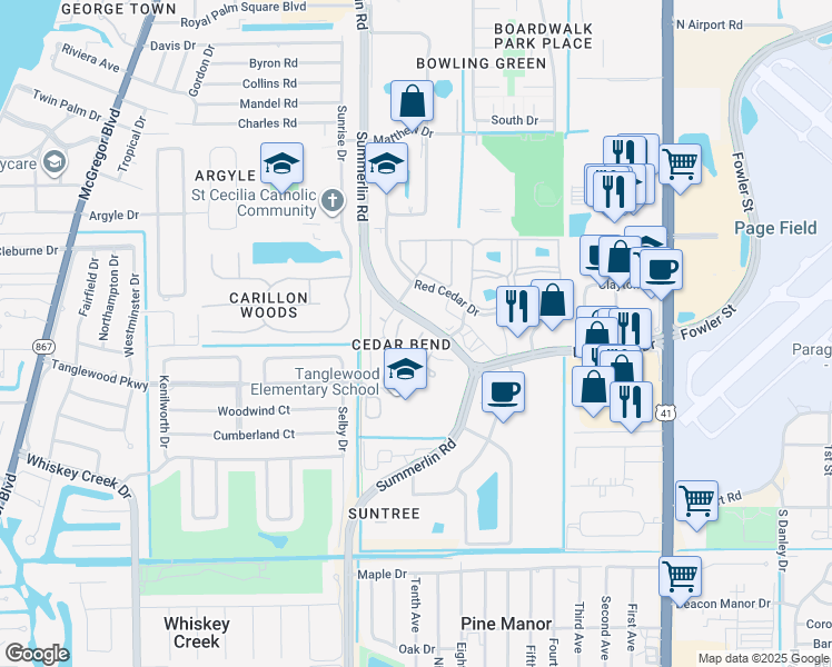 map of restaurants, bars, coffee shops, grocery stores, and more near 5211 Cedarbend Drive in Fort Myers
