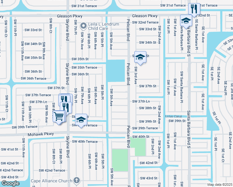 map of restaurants, bars, coffee shops, grocery stores, and more near 424 Southwest 37th Terrace in Cape Coral