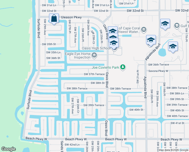 map of restaurants, bars, coffee shops, grocery stores, and more near 2528 Southwest 37th Terrace in Cape Coral