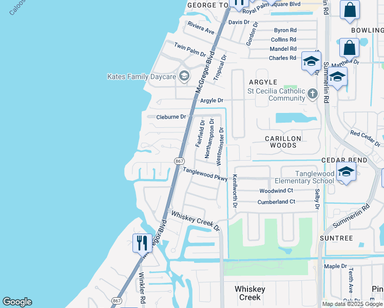 map of restaurants, bars, coffee shops, grocery stores, and more near 5097 Greenbriar Drive in Fort Myers