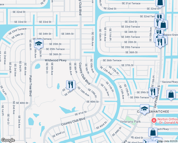 map of restaurants, bars, coffee shops, grocery stores, and more near 3708 Southeast 9th Place in Cape Coral