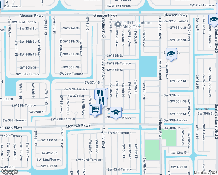 map of restaurants, bars, coffee shops, grocery stores, and more near 3704 Southwest 7th Place in Cape Coral
