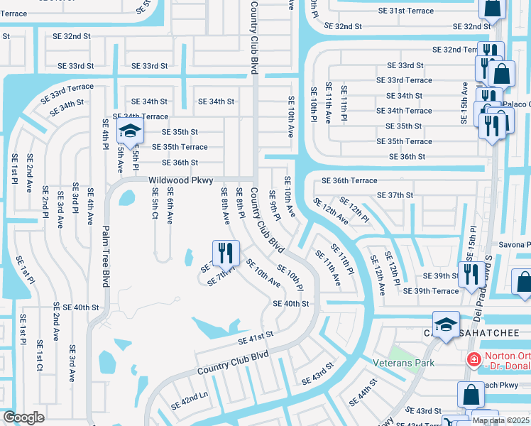 map of restaurants, bars, coffee shops, grocery stores, and more near 3705 Country Club Boulevard in Cape Coral