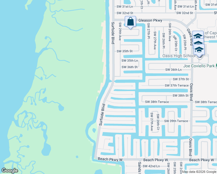 map of restaurants, bars, coffee shops, grocery stores, and more near 3718 Surfside Boulevard in Cape Coral