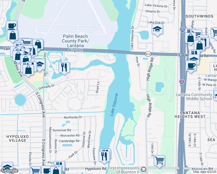 map of restaurants, bars, coffee shops, grocery stores, and more near 2410 Sun Up Lane in Lake Worth
