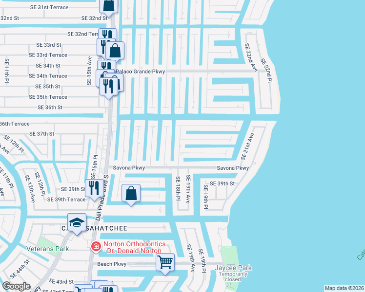 map of restaurants, bars, coffee shops, grocery stores, and more near 3709 Southeast 18th Place in Cape Coral