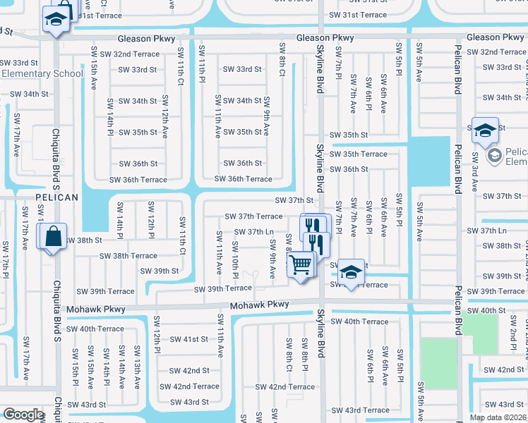 map of restaurants, bars, coffee shops, grocery stores, and more near 911 Southwest 37th Terrace in Cape Coral
