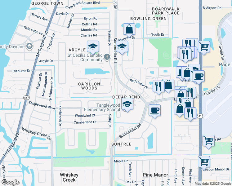 map of restaurants, bars, coffee shops, grocery stores, and more near 5230 Cedarbend Drive in Fort Myers
