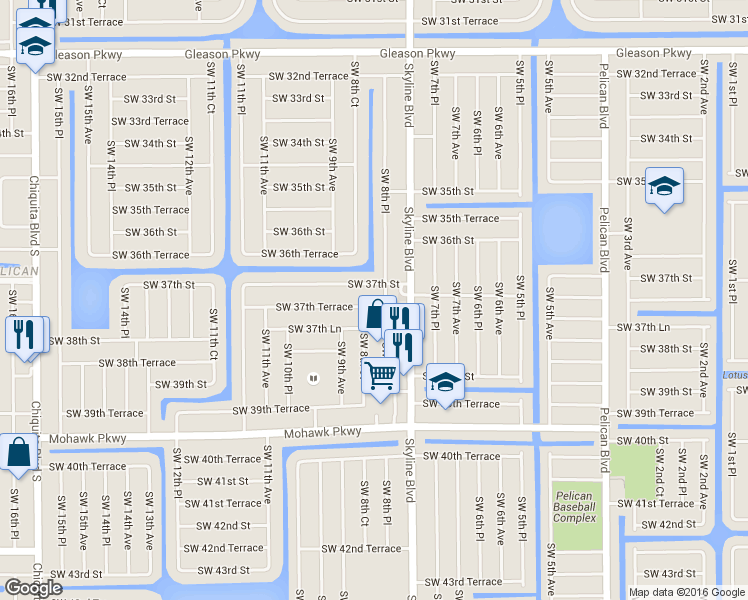 map of restaurants, bars, coffee shops, grocery stores, and more near 821 Southwest 37th Terrace in Cape Coral