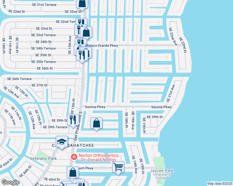 map of restaurants, bars, coffee shops, grocery stores, and more near 3708 Southeast 18th Avenue in Cape Coral