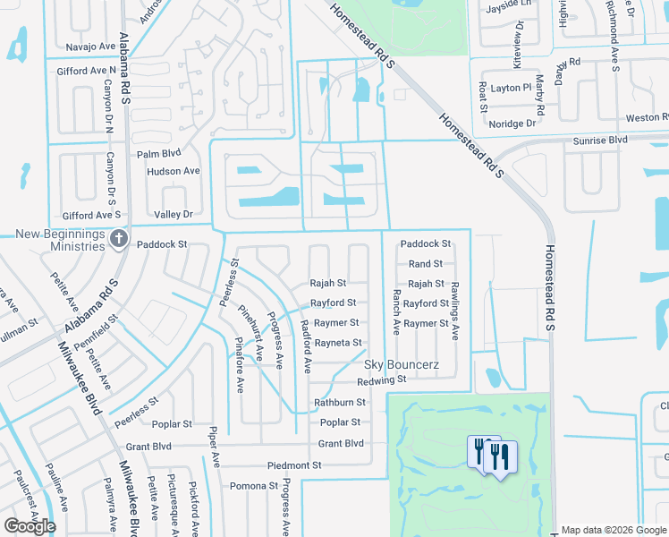 map of restaurants, bars, coffee shops, grocery stores, and more near 311 Radium Avenue in Lehigh Acres