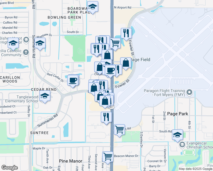 map of restaurants, bars, coffee shops, grocery stores, and more near 5280 Bank Street in Fort Myers
