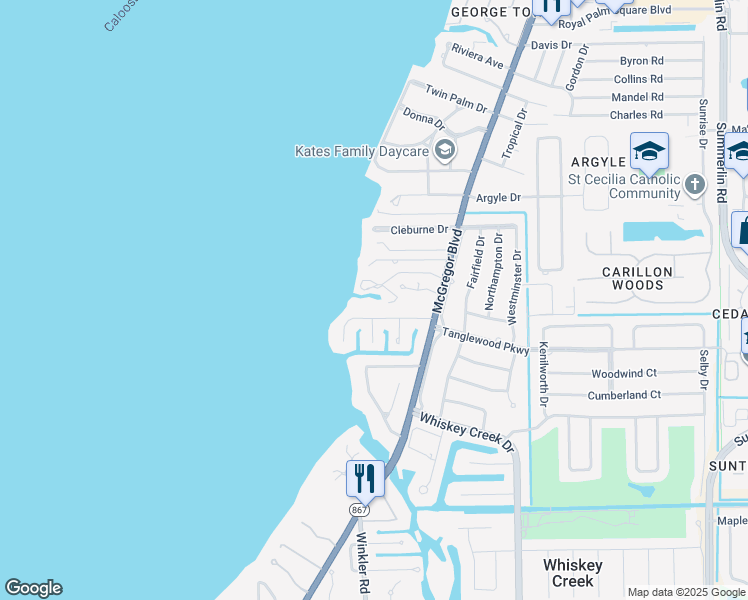 map of restaurants, bars, coffee shops, grocery stores, and more near 8781 Cajuput Cove in Fort Myers