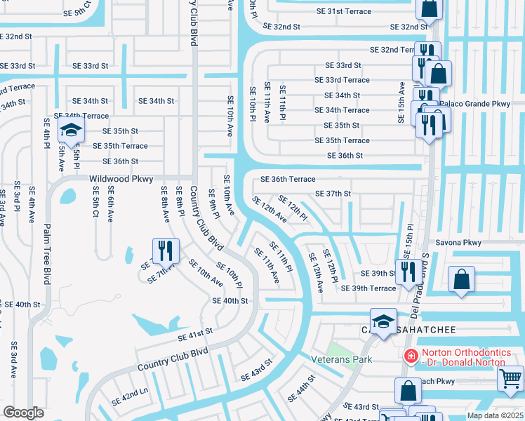 map of restaurants, bars, coffee shops, grocery stores, and more near 3722 Southeast 12th Avenue in Cape Coral