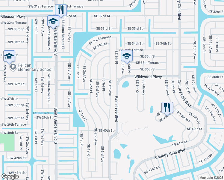 map of restaurants, bars, coffee shops, grocery stores, and more near 3725 Southeast 4th Avenue in Cape Coral