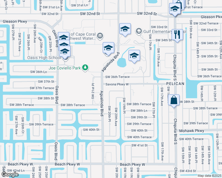 map of restaurants, bars, coffee shops, grocery stores, and more near 1935 Southwest 37th Terrace in Cape Coral