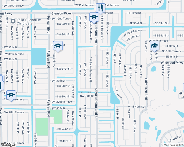 map of restaurants, bars, coffee shops, grocery stores, and more near 3713 Southwest Santa Barbara Place in Cape Coral
