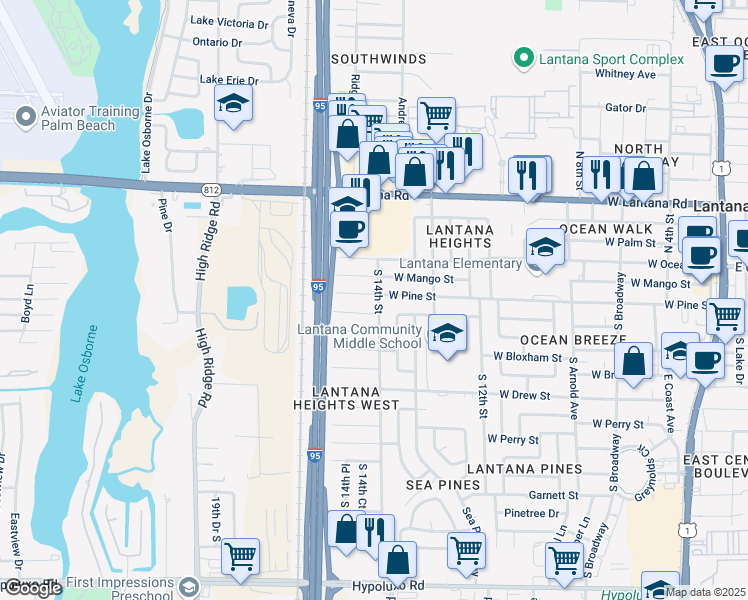 map of restaurants, bars, coffee shops, grocery stores, and more near 1402 West Pine Street in Lantana