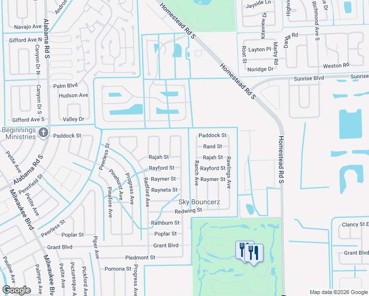 map of restaurants, bars, coffee shops, grocery stores, and more near 314 Ranier Avenue in Lehigh Acres