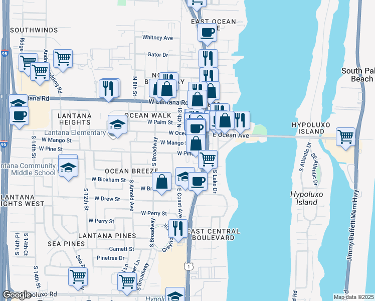 map of restaurants, bars, coffee shops, grocery stores, and more near 327 West Pine Street in Lantana