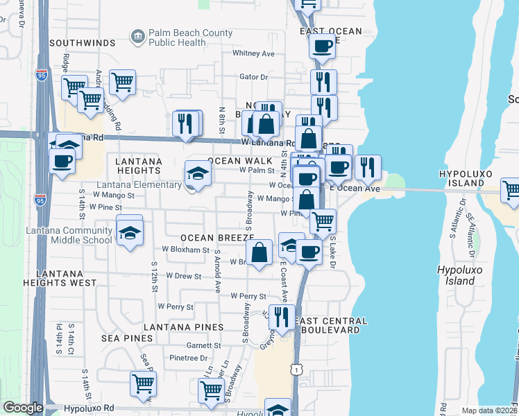 map of restaurants, bars, coffee shops, grocery stores, and more near in Lantana