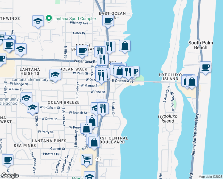 map of restaurants, bars, coffee shops, grocery stores, and more near 138 South Dixie Highway in Lantana