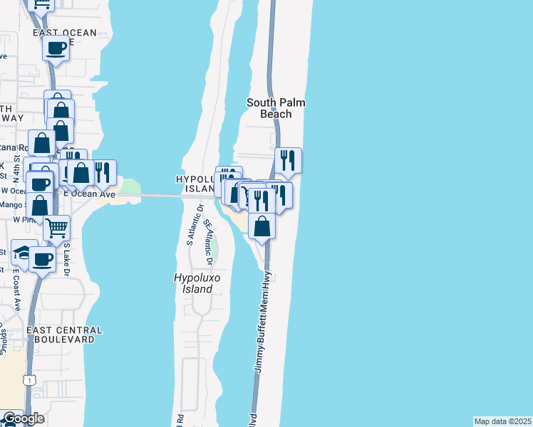 map of restaurants, bars, coffee shops, grocery stores, and more near 207 South Ocean Boulevard in Manalapan