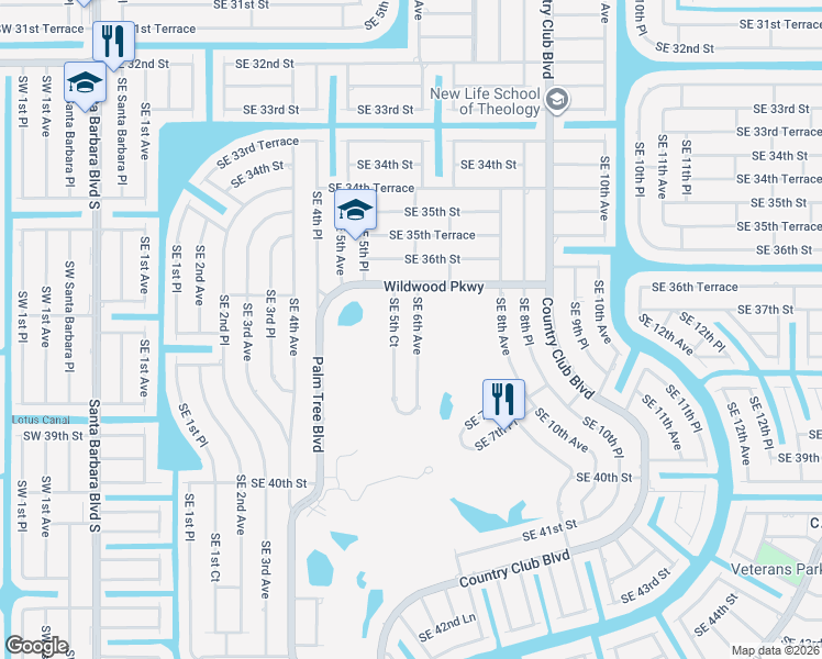 map of restaurants, bars, coffee shops, grocery stores, and more near 3733 Southeast 6th Avenue in Cape Coral