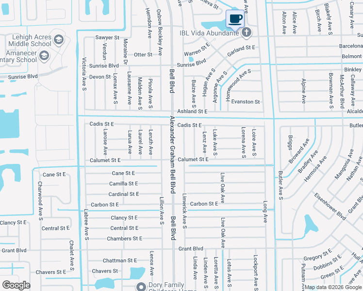 map of restaurants, bars, coffee shops, grocery stores, and more near 331 Bell Boulevard in Lehigh Acres