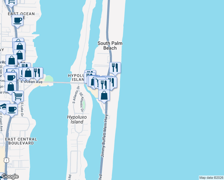 map of restaurants, bars, coffee shops, grocery stores, and more near 270 South Ocean Boulevard in Manalapan