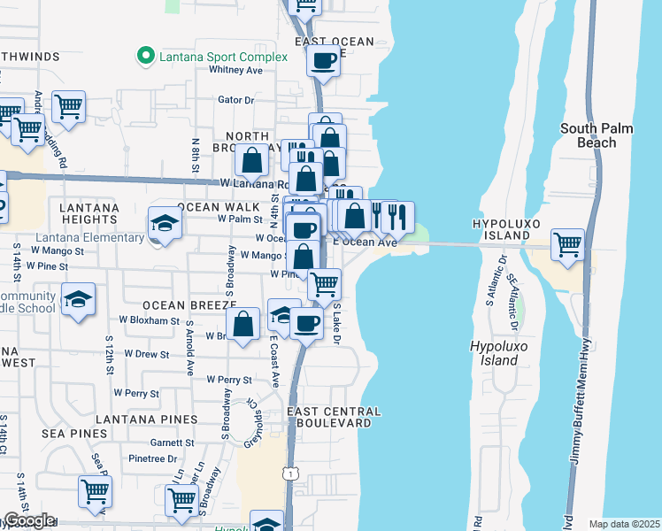 map of restaurants, bars, coffee shops, grocery stores, and more near 138 South Dixie Highway in Lantana