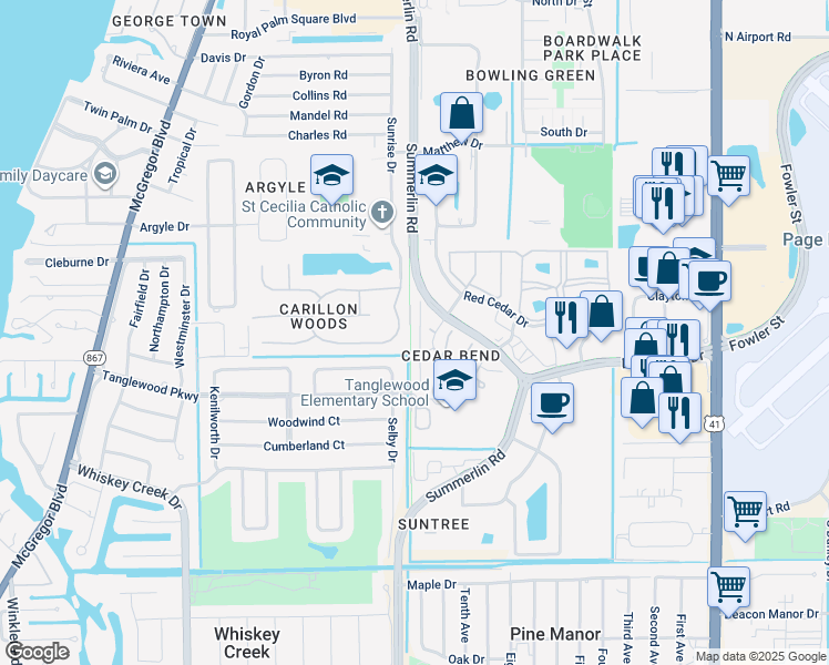 map of restaurants, bars, coffee shops, grocery stores, and more near 5230 Cedarbend Drive in Fort Myers