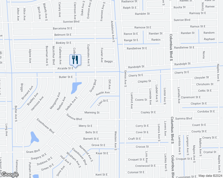 map of restaurants, bars, coffee shops, grocery stores, and more near 315 Dill Avenue in Lehigh Acres