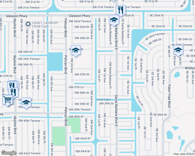 map of restaurants, bars, coffee shops, grocery stores, and more near 3708 Southwest 1st Place in Cape Coral