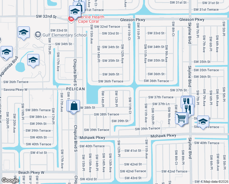 map of restaurants, bars, coffee shops, grocery stores, and more near 3706 Southwest 12th Place in Cape Coral
