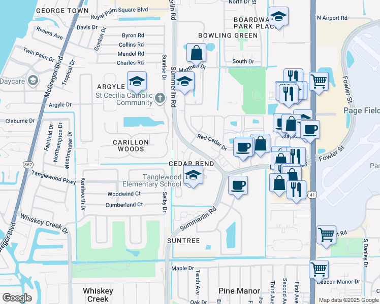 map of restaurants, bars, coffee shops, grocery stores, and more near 5211 Cedarbend Drive in Fort Myers