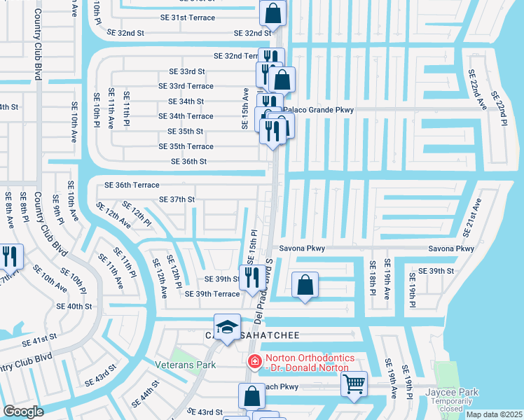 map of restaurants, bars, coffee shops, grocery stores, and more near 716 Northeast 15th Terrace in Cape Coral