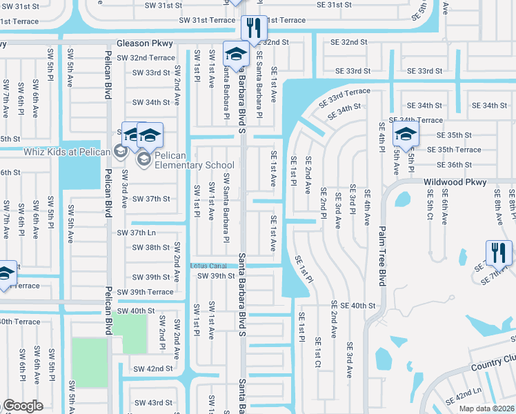 map of restaurants, bars, coffee shops, grocery stores, and more near 3722 Southeast Santa Barbara Place in Cape Coral