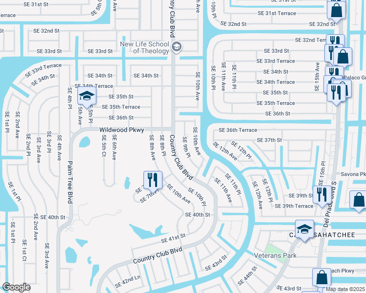 map of restaurants, bars, coffee shops, grocery stores, and more near 3708 Southeast 9th Place in Cape Coral